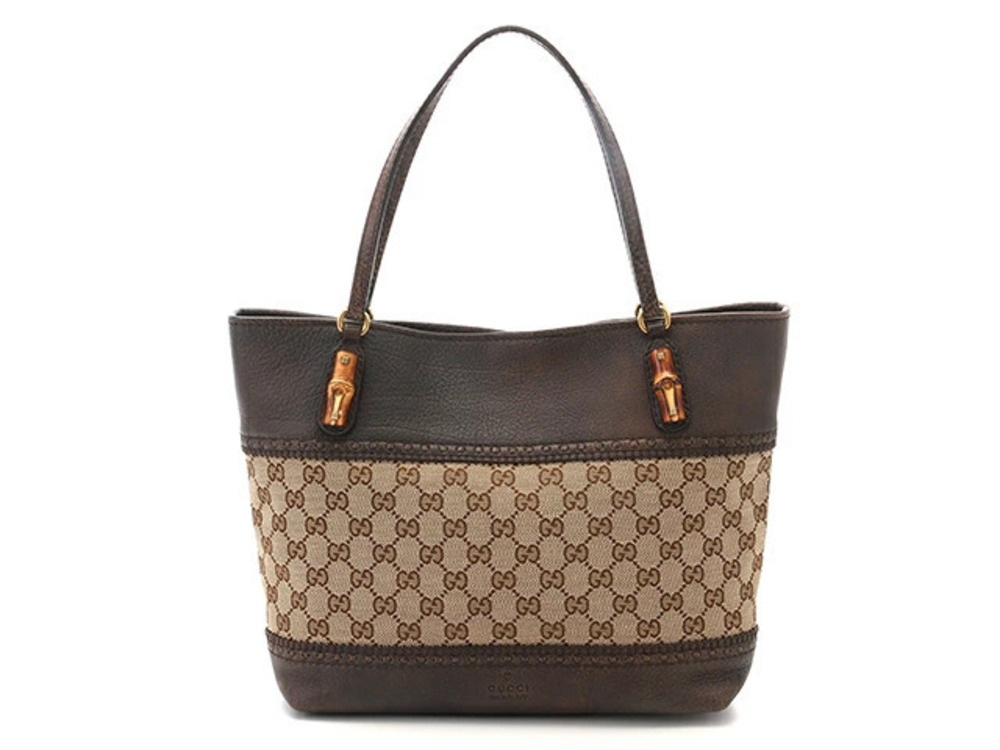 Gucci Tote Bag Shoulder Bamboo GG Canvas Leather Brown Beige Cream